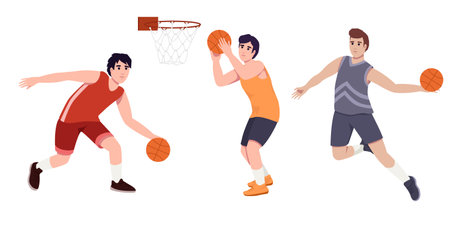 Basketball player. Men playing, guys jumping with ball, muscular basketball players in different playing positions.のイラスト素材