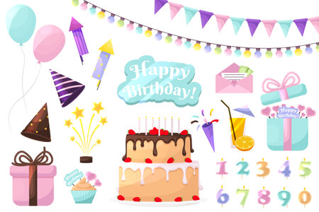 Set of Birthday party elements. Cartoon holiday elements set. Flags or light garlands. Present cake, candle, gift box, cupcake. Festive objects with design elementsのイラスト素材