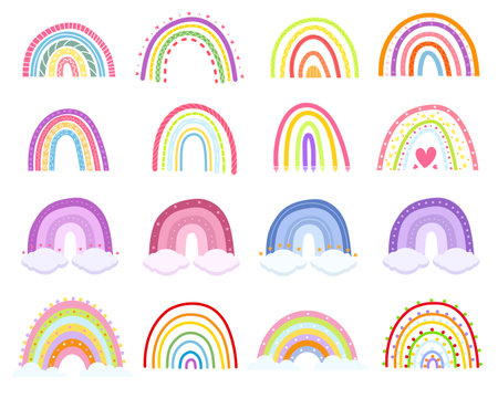 Cartoon rainbow. Colourful rainbows, heart and cloud with rainbow colors tail. Childish flat vector illustrations collection.のイラスト素材