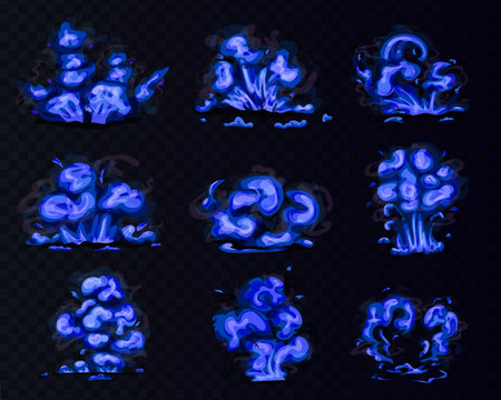 Blue fire explosion ui animation sprite vector set. Cartoon magic hit effect animated kit. Boom clouds and smoke elements for ui game. Atomic comics detonators for mobile animationのイラスト素材