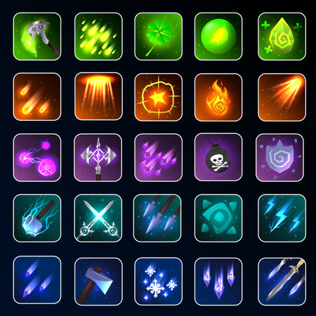 RPG game icon. Fantasy game icons of magic spells and skills. Game interface elements. Vector illustration EPS10. Skill iconsのイラスト素材