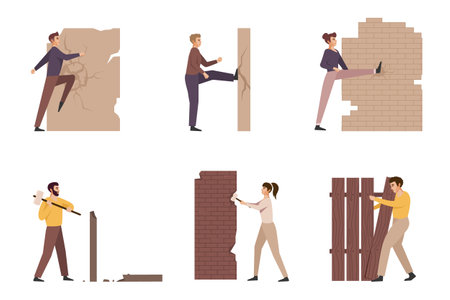 Business people destroying walls. Flat employees smash obstacles in different ways, break concrete. Men and women cartoon flat style isolated, nowaday vector setのイラスト素材
