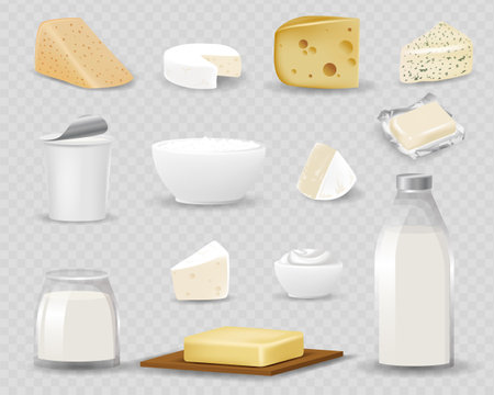 Dairy products isolated on realistic style vector illustration. Different natural milk drinks and food, 3d packaging with blank label, yogurt, butter and cheeseのイラスト素材