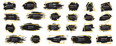 Black brush strokes in yellow square frame. Dirty artistic design elements, boxes, frames for text.のイラスト素材