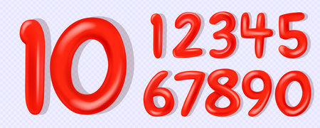 Red Number Balloons 0 to 9. Red Volume 3d render numbers. Party, birthday, celebrate anniversary and wedding or for your unique selling poster, banner ads.のイラスト素材