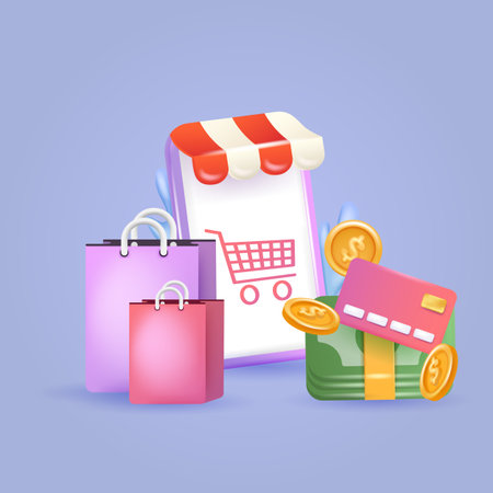 Online shopping 3D Illustration, online shop, online payment and delivery concept. Mobile marketing and digital marketing. 3D Web Vector Illustrations.のイラスト素材