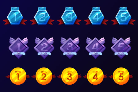 Game badges with level number. Level results vector icon design for the game, UI, banner, design for app, interface, game developmentのイラスト素材