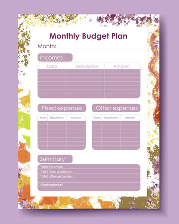 Vector planner pages templates. Budget planner template. Daily, weekly, monthly, project, budjet and meal planners. Vector illustrationのイラスト素材