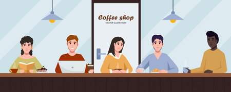 People coffeehouse. Flat young people communicating and working in coffeehouse. People relax at city cafe. Characters eat dessert and drink coffee or tea at coffeeshop.のイラスト素材