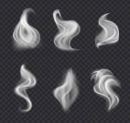 Smoke vector collection, isolated on transparent background. Set of realistic white smoke steam, waves from coffee,tea,cigarettes, hot food. Fog and mist effect.のイラスト素材