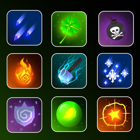 RPG game icon. Fantasy game icons of magic spells and skills. Game interface elements. Vector illustration EPS10. Skill iconsのイラスト素材