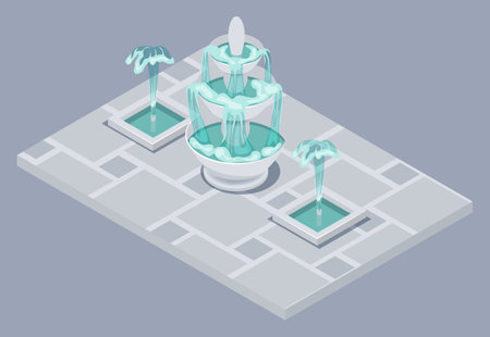 Isometric fountain with outdoor park cascade isolated vector illustration.のイラスト素材