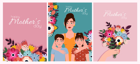 Happy Mothers Day. Mothers Day greeting cards set with text. Mom holiday postcards designs, backgrounds with spring flower bouquet, cute children, kids.のイラスト素材