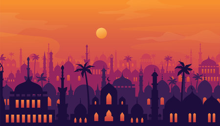 Arabian cityscape. Sunset town scenery. Old arabian cityscape. Sunset town scenery.のイラスト素材