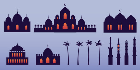 Muslim or arabic cityscape black silhouettes. Islamic city skyline with mosque and minaret Arabic architectureのイラスト素材
