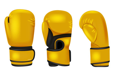 Color boxing gloves. Sport professional equipment for punch boxers decent. Realistic professional accessories. 3d isolated objects utter vector setのイラスト素材