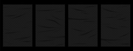 Realistic set of black glued wall posters. Glued posters, old adhesive texture mockup. Blank sheets creased effect. Blank pages with wrinkles, realistic 3d setのイラスト素材