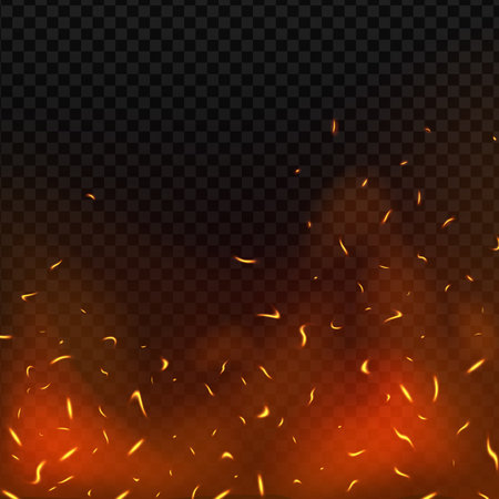 Fire flying sparks background. Vector realistic heat effect of flame in bonfire, isolated on transparent background.のイラスト素材