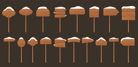 Wooden sign posts with snow. Cartoon snowed sign boards. Blank Christmas wooden signpost with snowcap. Vector illustrationのイラスト素材