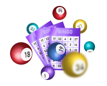 Bingo lotto game balls and lottery cards with lucky numbers. Realistic keno gambling game win poster with cards burs vector concept.のイラスト素材