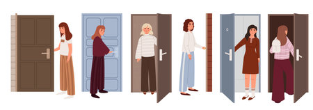 People come in and out. People opening doors. Exiting scene set. Leaving home, come back to office. Open close doorsのイラスト素材