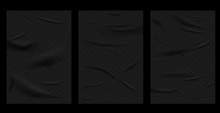 Realistic set of black glued wall posters. Glued posters, old adhesive texture mockup. Blank sheets creased effect. Blank pages with wrinkles, realistic 3d setのイラスト素材