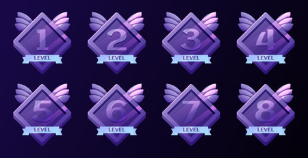 Game badges with level number. Level results vector icon design for the game, UI, banner, design for app, interface, game developmentのイラスト素材