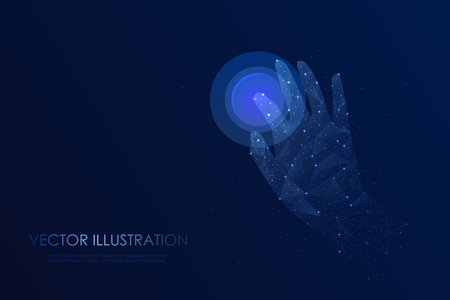 Human hand presses the touch button. Hand touch selection. Digital polygonal wireframe with dots, lines and shapes. Vector illustration EPS10のイラスト素材