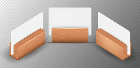 White empty place cards on wooden holder. Realistic Detailed 3d Blank White Empty Place Cards. Design Template for Mockup, Menu Frame, Booklets.のイラスト素材