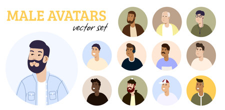 Modern circle avatars set. Characters faces, head portraits. Women and men heads in flat style. Vector illustration EPS10のイラスト素材