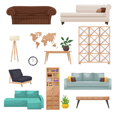 Furniture set. Collection of interior items for a cozy isolated interior. Designer trendy furniture. Vector illustration of living room furniture in mid century modern style.のイラスト素材
