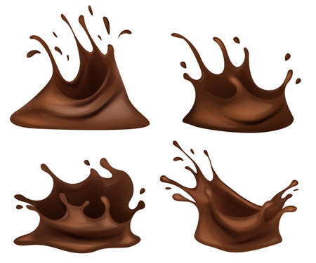Chocolate. Pieces, shavings. 3D realistic vector set, horizontal and vertical splash of chocolate. Realistic chocolate corona splash.のイラスト素材