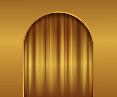 Gold silk fabric luxury background. Golden drapery material with soft satin waves, poster, 3d vector realistic illustrationのイラスト素材