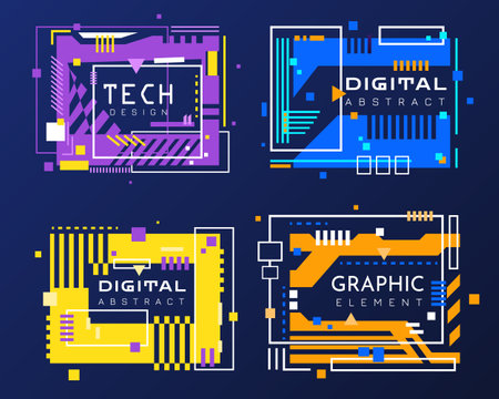 Futuristic geometric banner set. Modern technology banners collection in cyberpunk style. Futuristic hi-tech badges for digital products promotionのイラスト素材