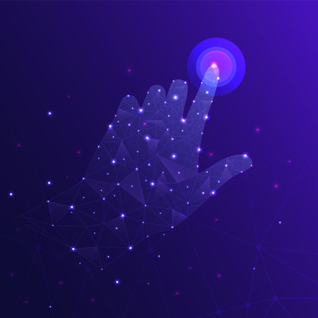 Human hand presses the touch button. Hand touch selection. Digital polygonal wireframe with dots, lines and shapes. Vector illustration EPS10のイラスト素材