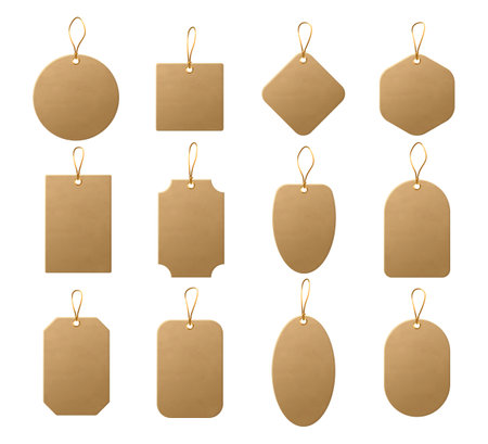 Realistic craft carton paper price tags of different shapes. Shopping paper labels with rope. Sale tags and labelsのイラスト素材