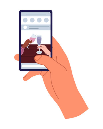 Watching videos online on mobile phone screen. Podcast, news, watching video online, talk show, tv application, live streaming. Hand holding phoneのイラスト素材