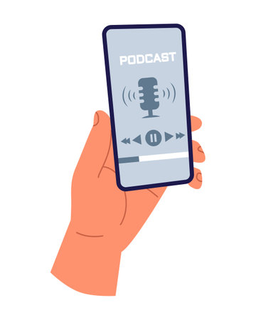 Watching videos online on mobile phone screen. Podcast, news, watching video online, talk show, tv application, live streaming. Hand holding phoneのイラスト素材