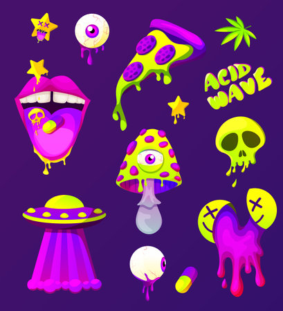 Rave trip collection with psychedelic stickers. Psychedelic acid elements andcharacters. mouth with tongue and UFO, eye, mushrooms, pills, pizza acid backgrounds.のイラスト素材
