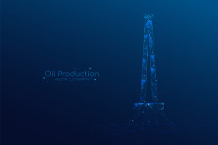 Oil fields concept. Oil drilling derricks at desert oilfield for fossil fuels. Low poly wireframe vector illustration EPS10.のイラスト素材