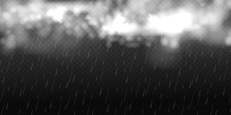 Falling raindrops isolated on black background. Realistic white cloud with rain drops, rainstorm, raincloud, rainfall or cyclone weather vector.のイラスト素材