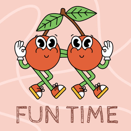 Retro cartoon sticker with funny comic cherry character, gloved hands. Hand drawn doodles of comic groovy character. Vintage vector.のイラスト素材