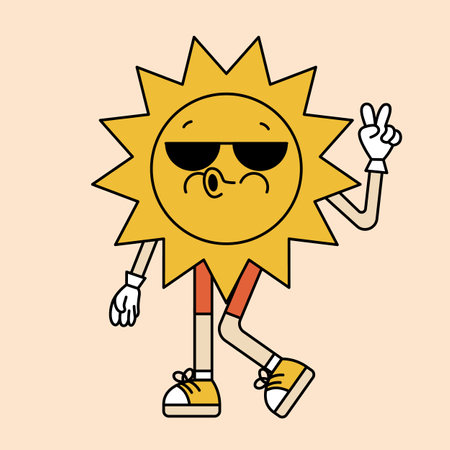 Retro cartoon sticker with funny comic sun character, gloved hands. Hand drawn doodles of comic groovy character. Vintage vector.のイラスト素材