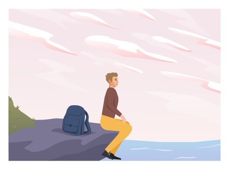 Set of people look into future vector flat illustration. People travel in nature, looking at sky horizons, clouds, stars set. Outdoor summer adventuresのイラスト素材