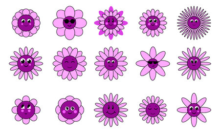 Flowers with cartoon funny smiling faces. Groovy flower cartoon characters. Funny happy daisy with eyes and smile. Kids design with daisies vector set.のイラスト素材