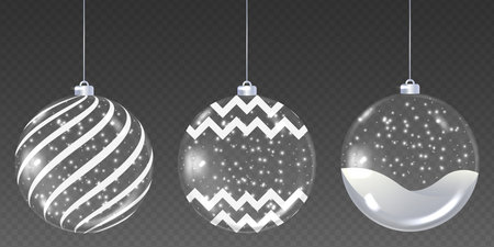 Christmas ornaments ball. Set Transparent glass Christmas balls empty and with snow. 3d xmas tree decorationのイラスト素材