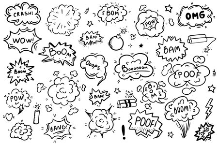 Comic cartoon line bomb explosion. Hand drawn cartoon explosion bomb effect, splash, exclamation smoke element. Explosion speech bubble with pow, boom, omg text.のイラスト素材