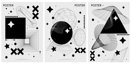 Futuristic retro vector minimalistic Posters with strange wireframes graphic assets of geometrical shapes. Modern y2k design. Surreal black line and cicrle geometry figures.のイラスト素材
