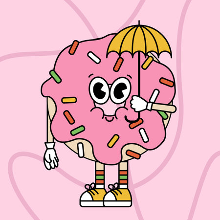 Retro cartoon sticker with funny comic donut character, gloved hands. Hand drawn doodles of comic groovy character. Vintage vector.のイラスト素材