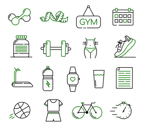 Fitness Activities Thin Line Icons. Containing healthy lifestyle, weight training, body care and workout or exercise equipment icons. Fitness and sportのイラスト素材
